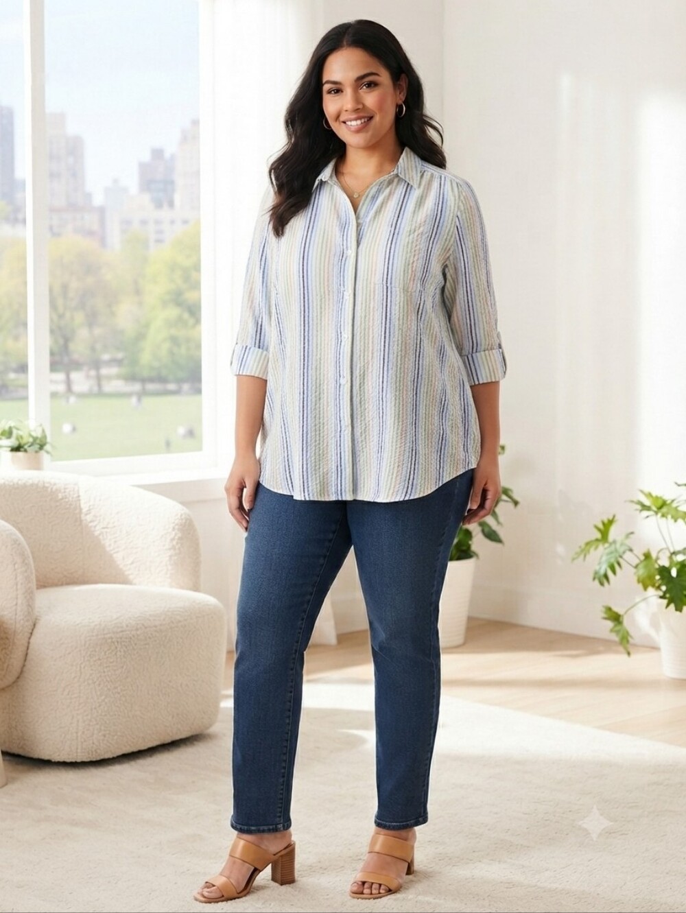 Woman Within Button Down Seersucker Blouse Plus Size L (18/20) 100% Cotton